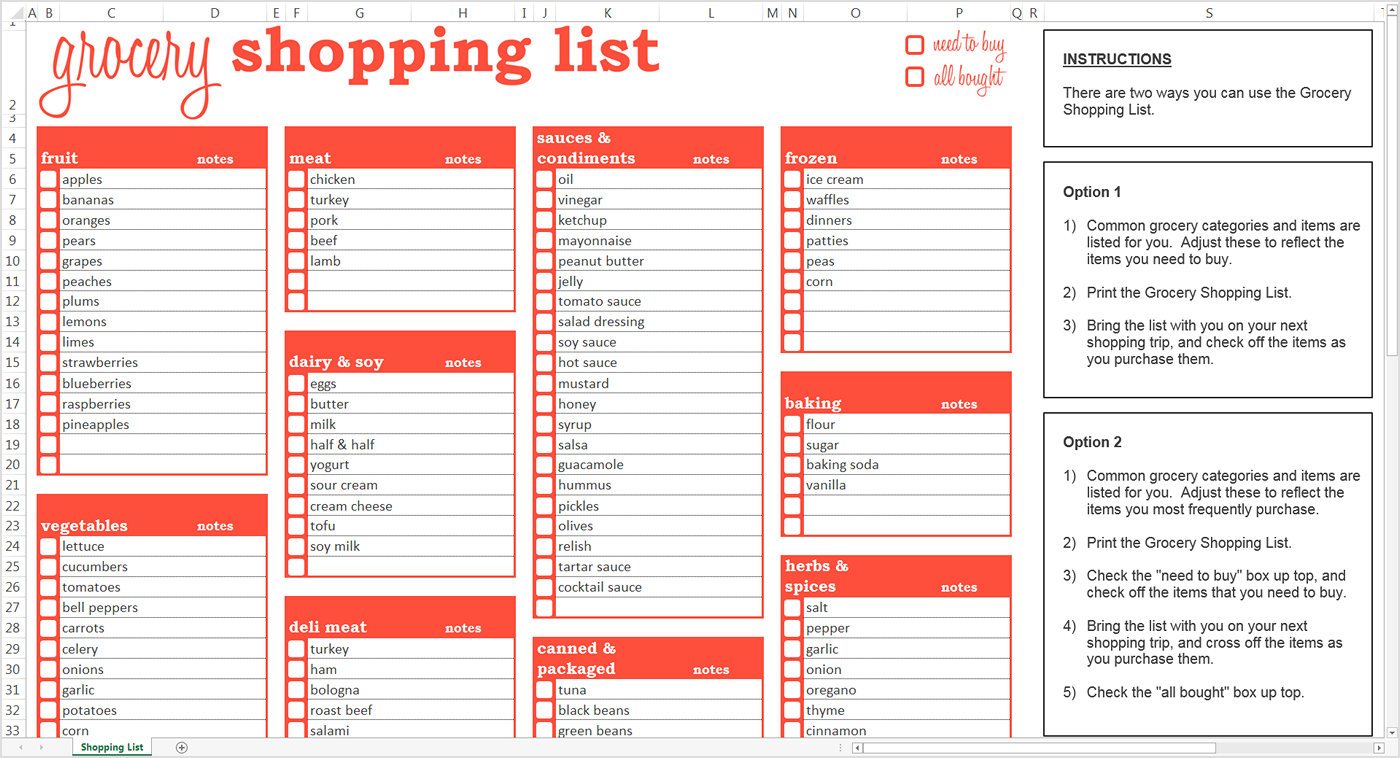 Printable Grocery List Template Excel In Grocery List Template Excel Examples