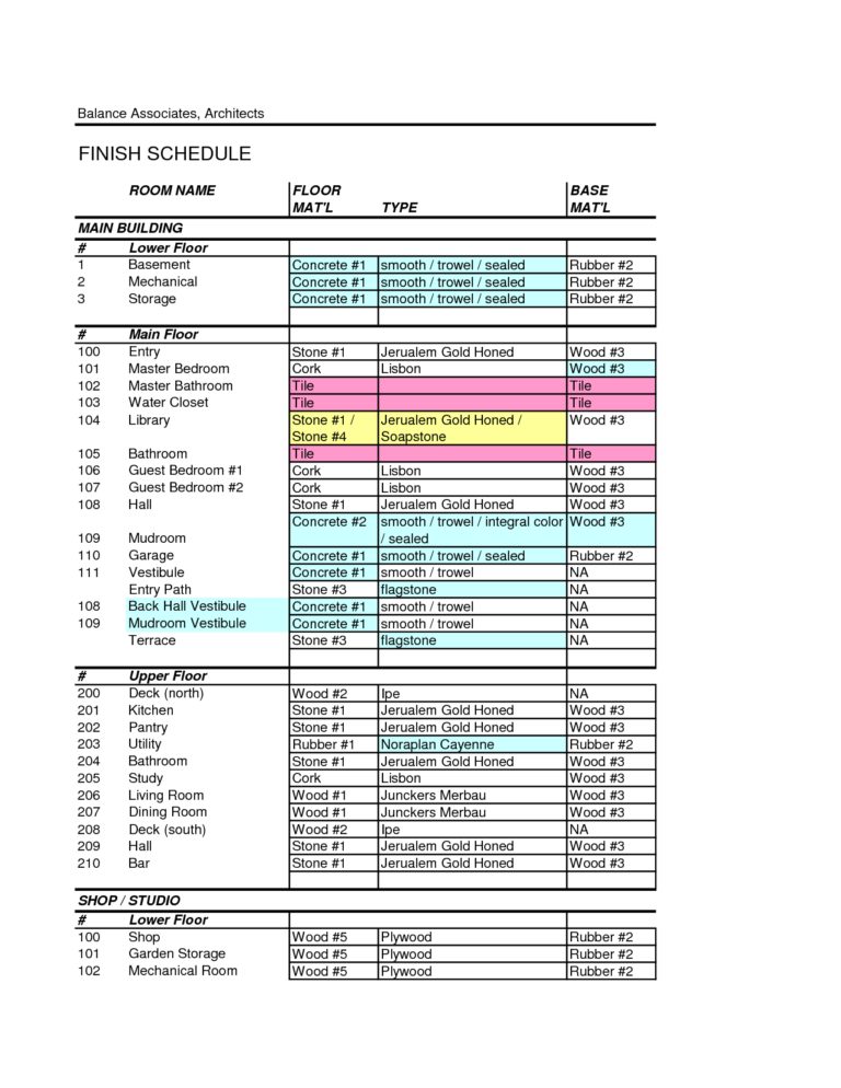 Room Finish Schedule Template Excel —