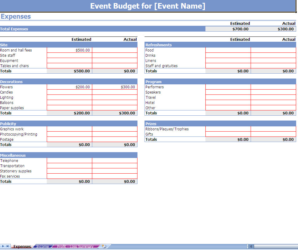 Sample Of Event Budget Template Excel In Event Budget Template Excel Form