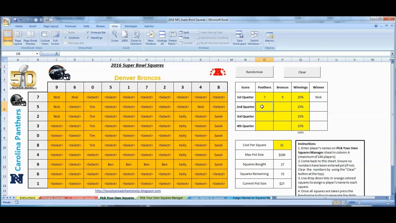 Sample Of Super Bowl Squares Template Excel And Super Bowl Squares Template Excel Letters