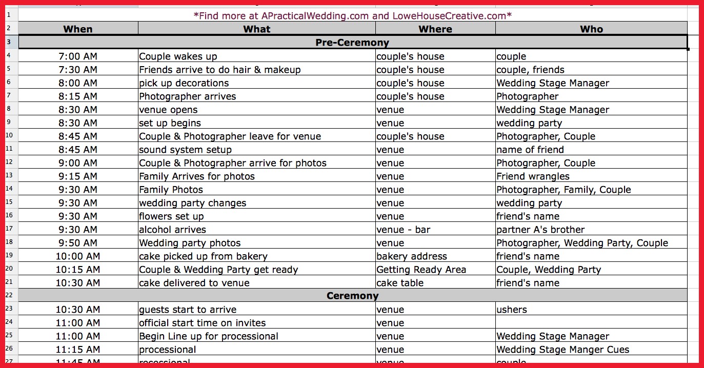Sample Of Wedding Day Timeline Template Excel To Wedding Day Timeline Template Excel For Google Spreadsheet