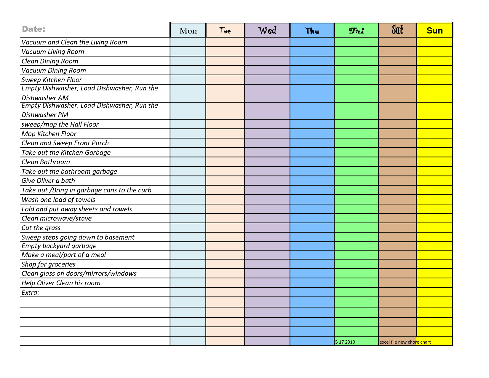 Samples Of Chore Chart Template Excel And Chore Chart Template Excel In Spreadsheet