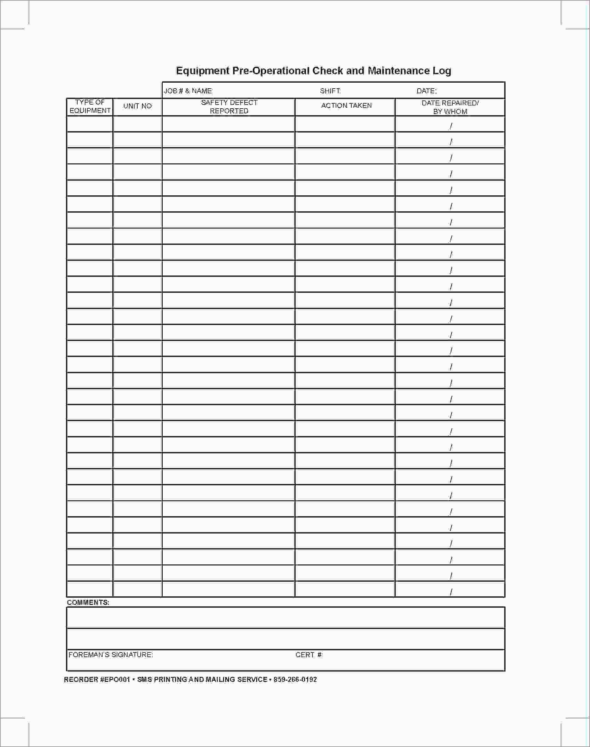 Templates For Equipment Maintenance Log Template Excel In Equipment Maintenance Log Template Excel In Workshhet