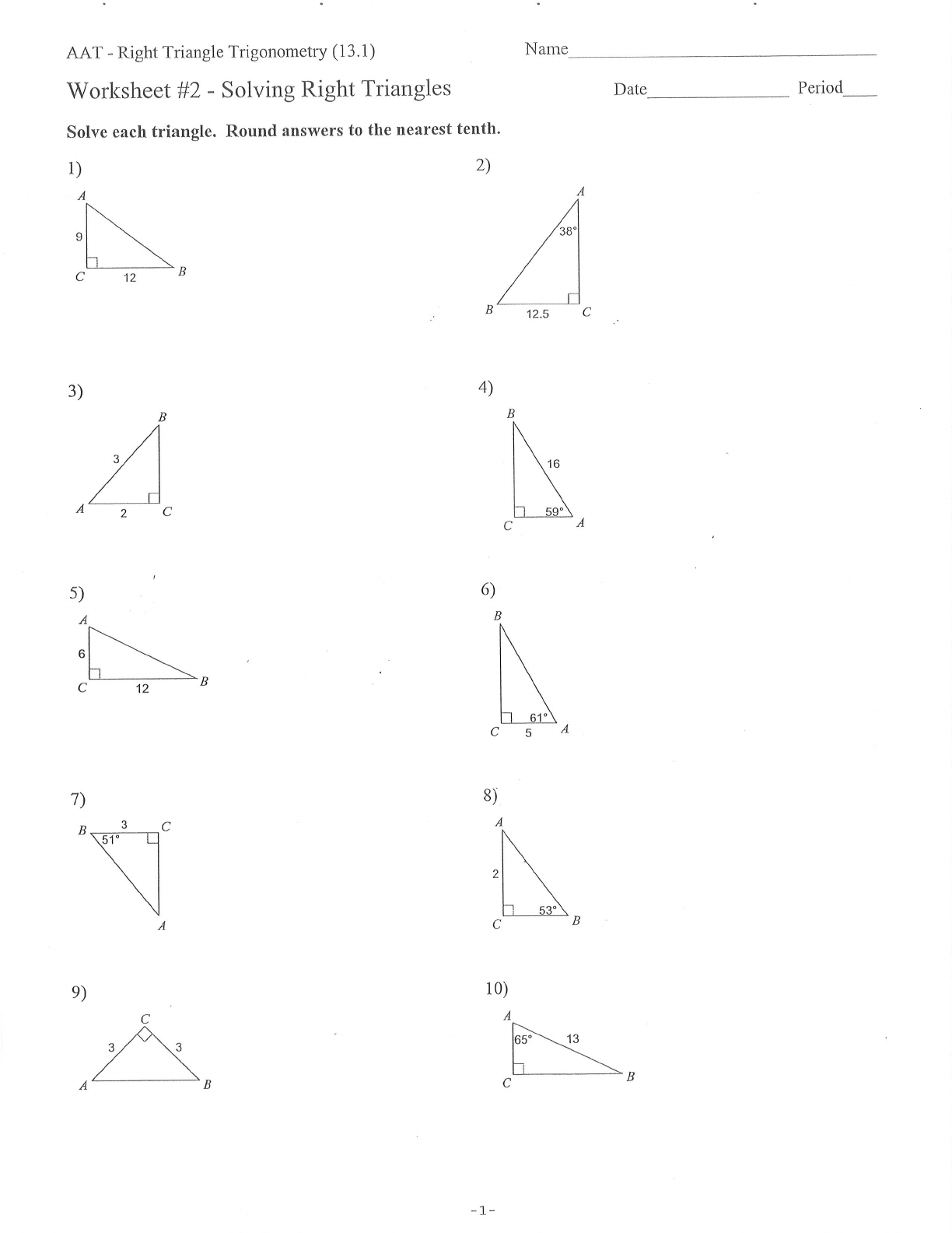 Aa T  Right Triangle Trigonometry 131 Worksheet 2  T  Right With Regard To Solving Right Triangles Worksheet
