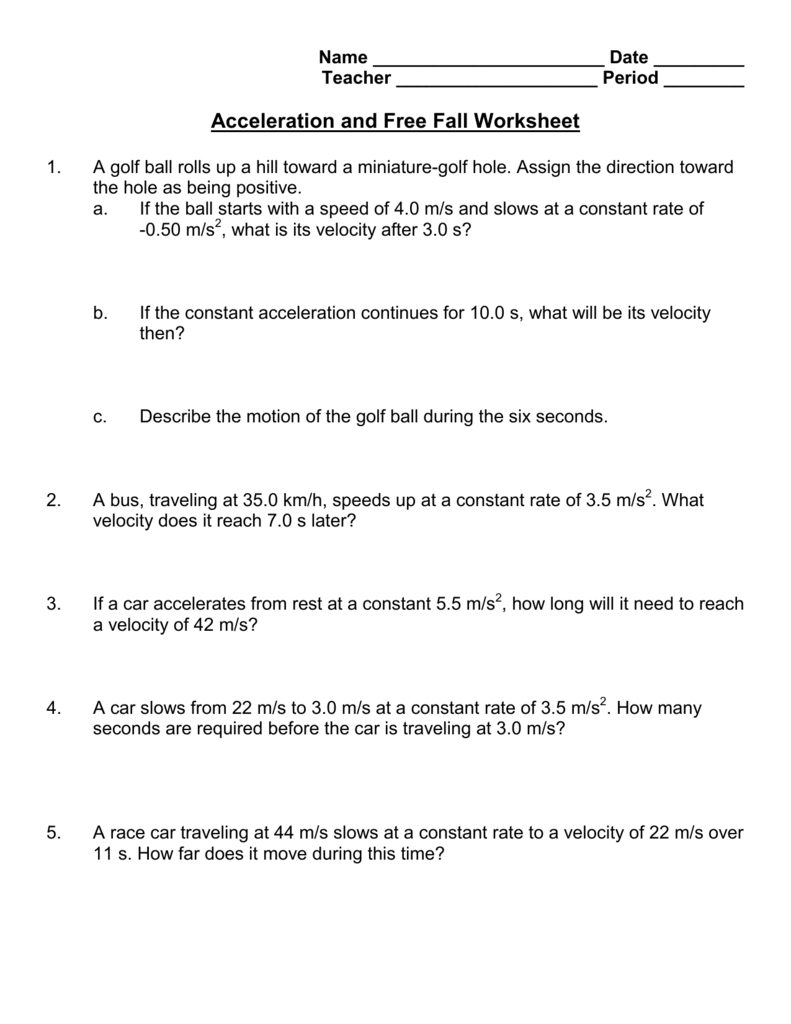 Acceleration And Free Fall Worksheet With Displacement Velocity And Acceleration Worksheet Answers