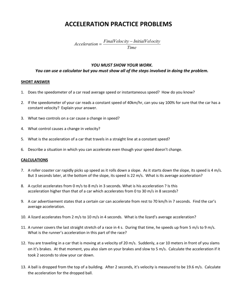 Acceleration Practice Problems Intended For Acceleration Problems Worksheet Answer Key