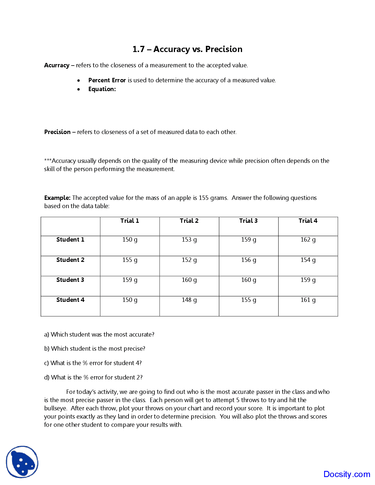 Accuracy Vs Precision  General Chemistry  Quiz  Docsity Along With Accuracy And Precision Worksheet