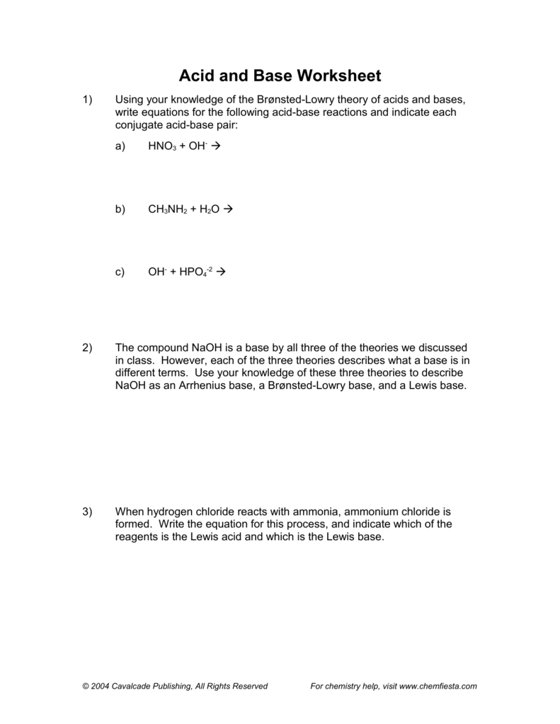 Acid And Base Worksheet As Well As Six Types Of Chemical Reaction Worksheet