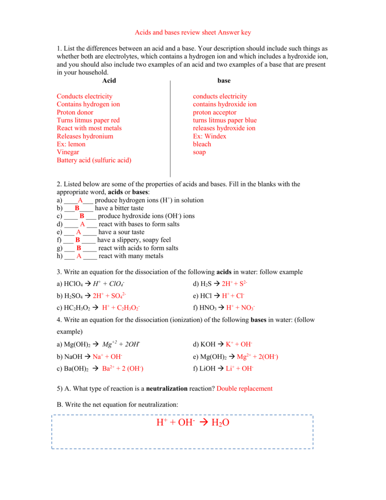Acids And Bases Review Sheet Answer Key For Acids Bases And Ph Worksheet Answers