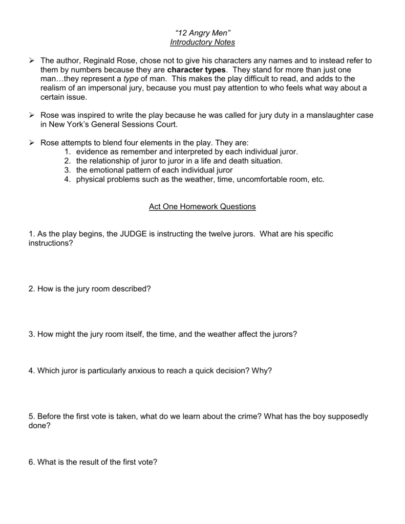 Act One Homework Questions – Twelve Angry Men Together With 12 Angry Men Worksheet Answers