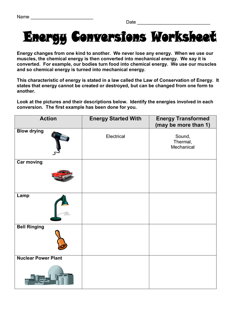Action Energy Started With Energy Transformed May Be More Than 1 For Energy Conversion Worksheet