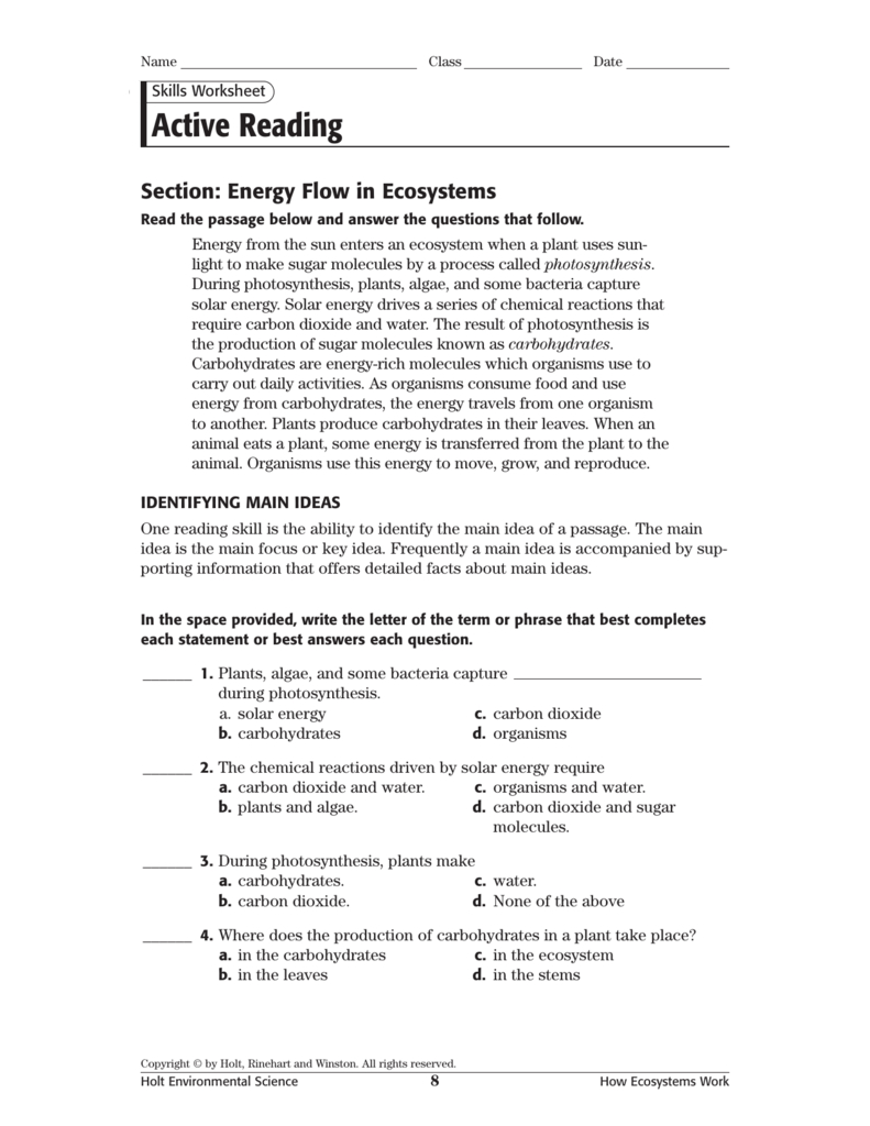 Active Reading Along With Holt Environmental Science Skills Worksheet Active Reading Answer Key