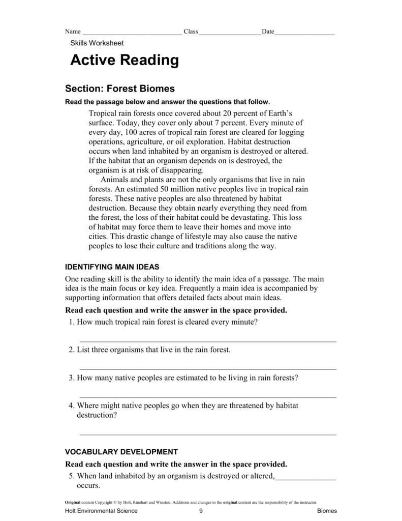 Active Reading Forest Biomes As Well As Skills Worksheet Active Reading