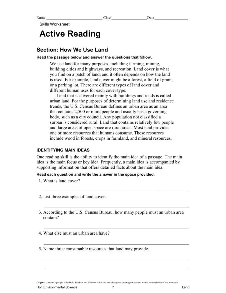 Active Reading How We Use Land With Regard To Holt Environmental Science Skills Worksheet Active Reading Answer Key