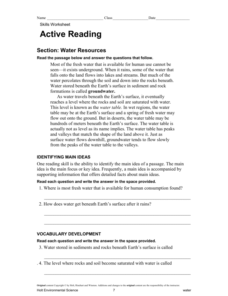 Active Reading Water Resources Inside Skills Worksheet Active Reading