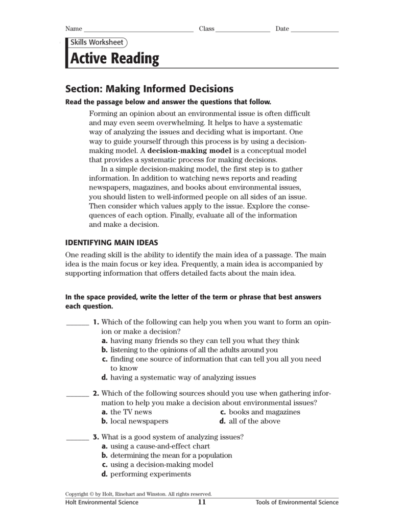Active Reading Within Skills Worksheet Holt Environmental Science