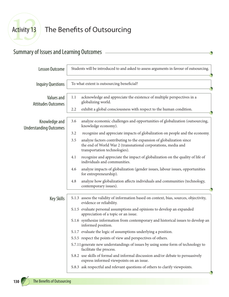 Activity 13 The Benefits Of Outsourcing With Regard To The Other Side Of Outsourcing Worksheet Answer Key