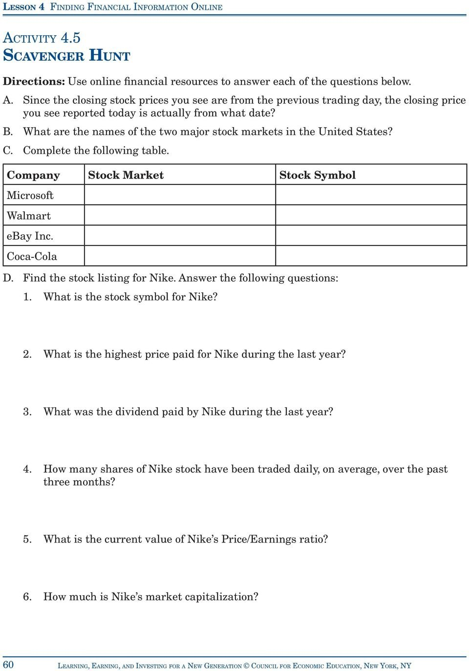 Activity 41 Reading A Stock Table  Pdf For Reading A Stock Table Worksheet Answers