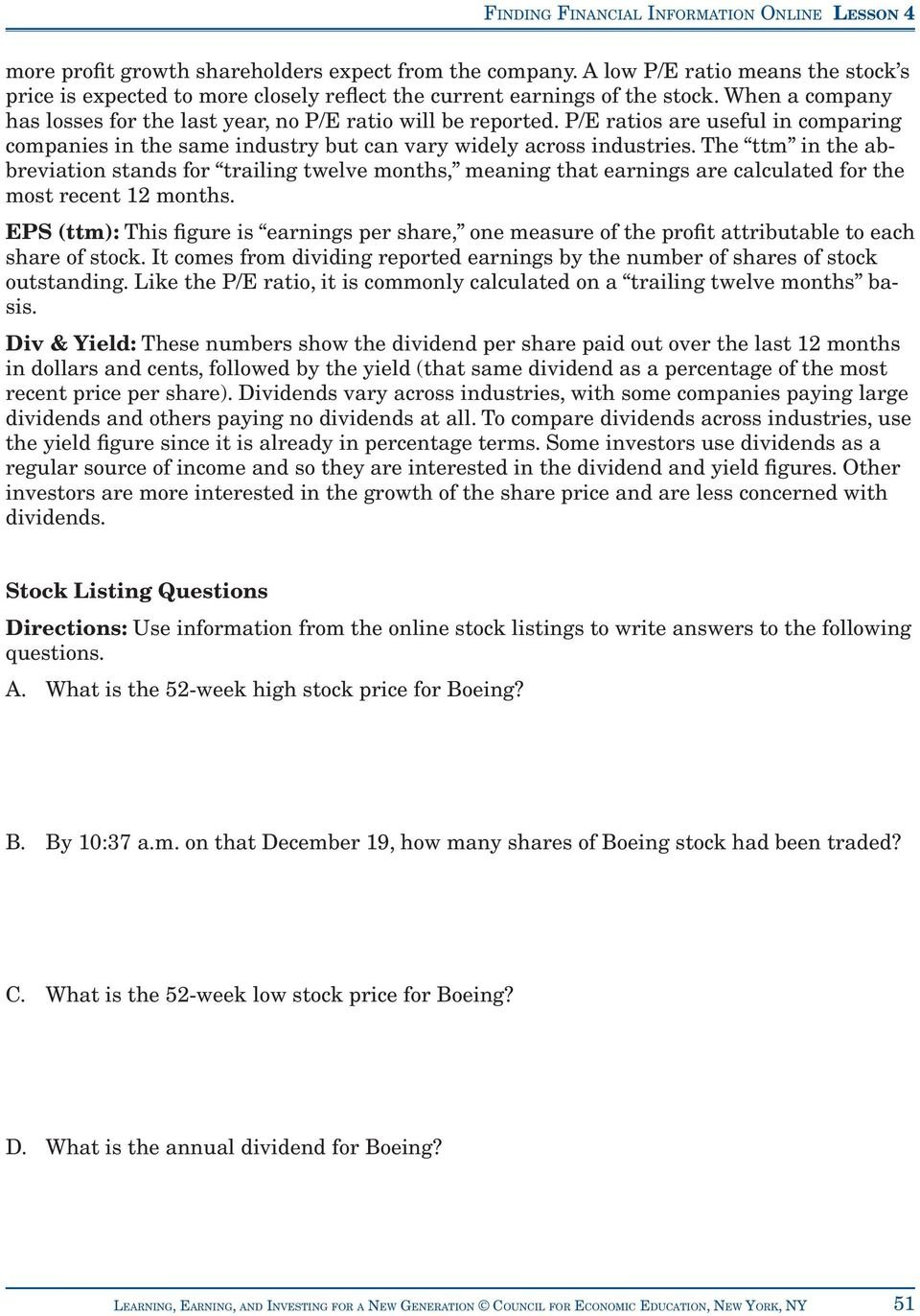 Activity 41 Reading A Stock Table  Pdf Throughout Reading A Stock Table Worksheet Answers