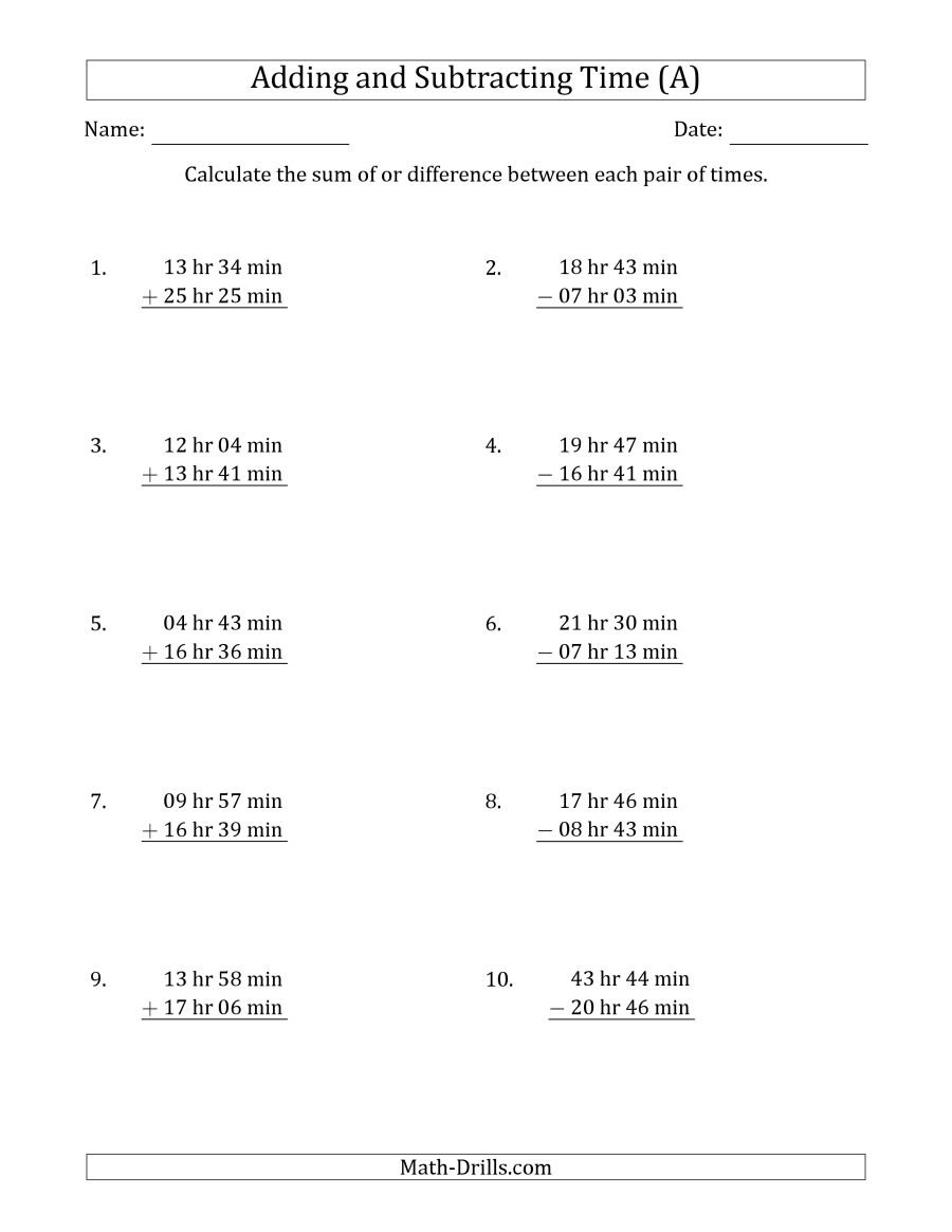 Adding And Subtracting Hours And Minutes Long Format A With Regard To Adding And Subtracting Time Worksheets
