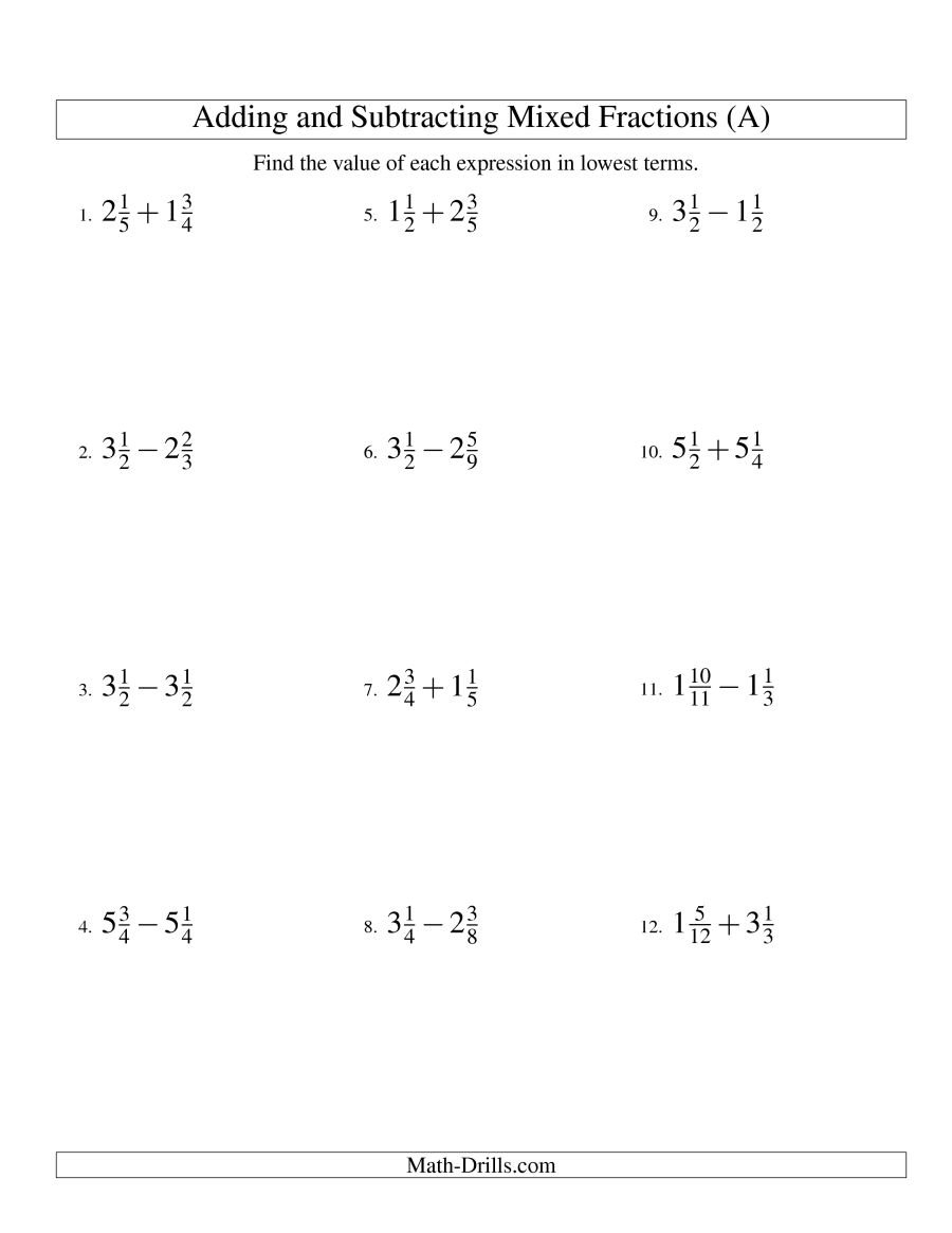 Adding And Subtracting Mixed Fractions A Together With Adding And Subtracting Mixed Numbers Worksheet Pdf