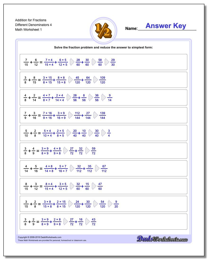 Adding Fractions With Unlike Denominators For 4Th Grade Math Worksheets Fractions