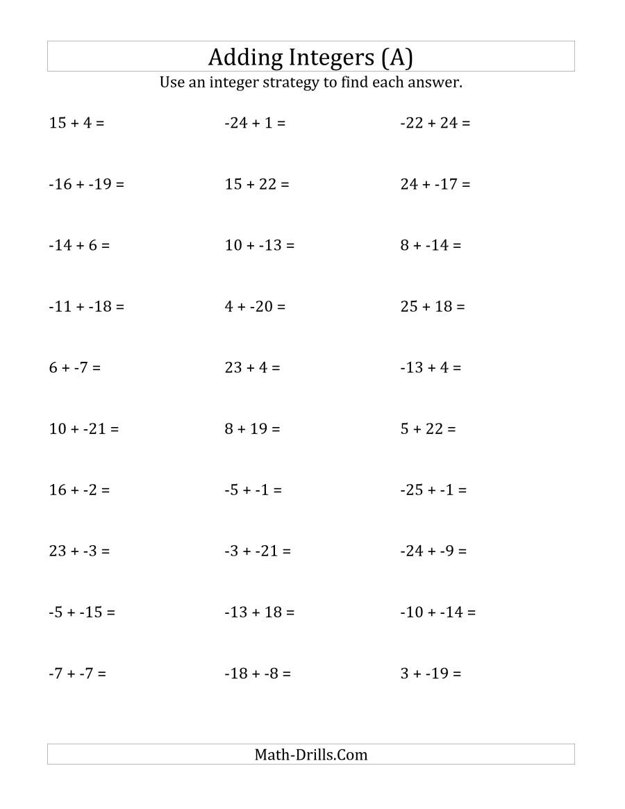 Adding Integers From 25 To 25 No Parentheses A With Regard To Addition Of Integers Worksheet