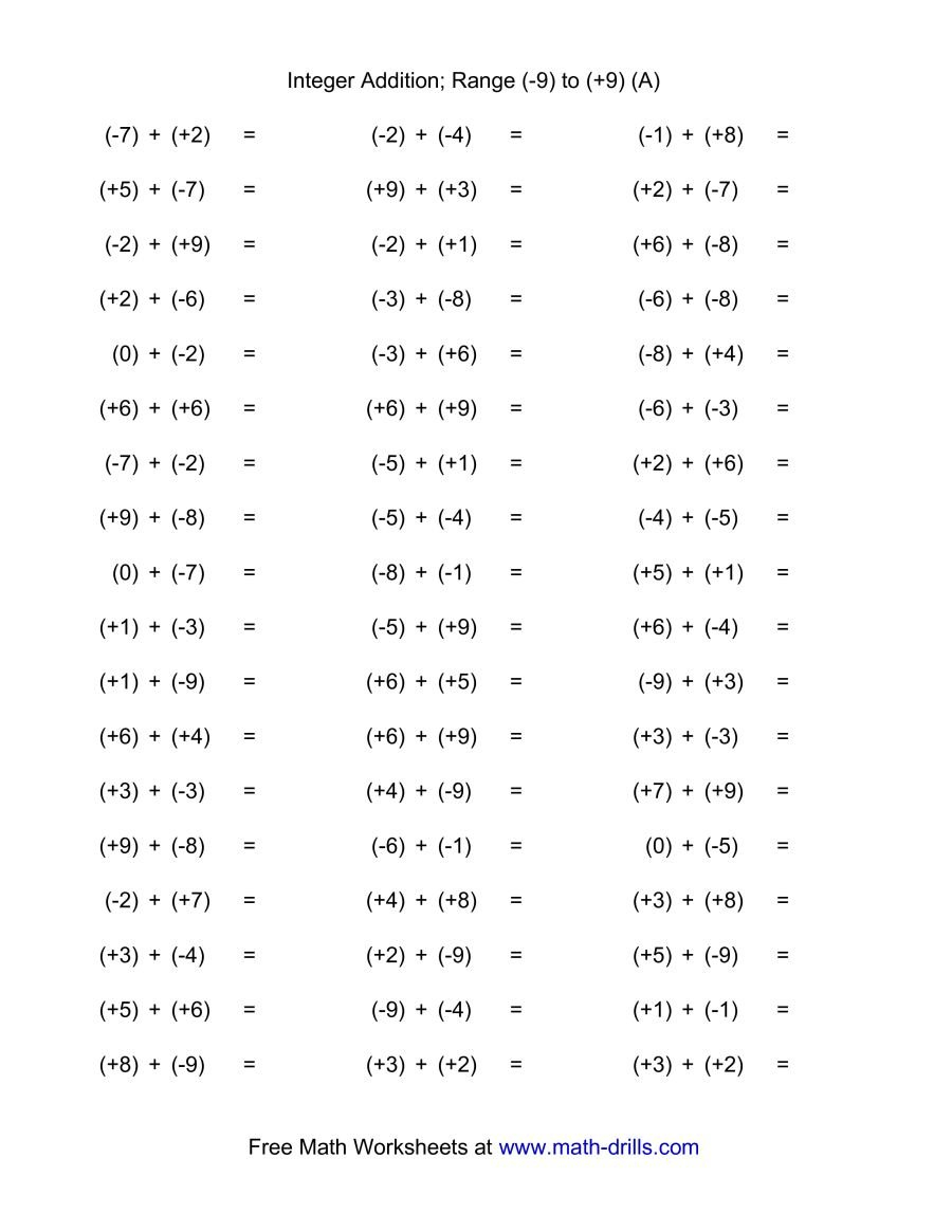 Adding Integers Range 9 To 9 A As Well As Addition Of Integers Worksheet