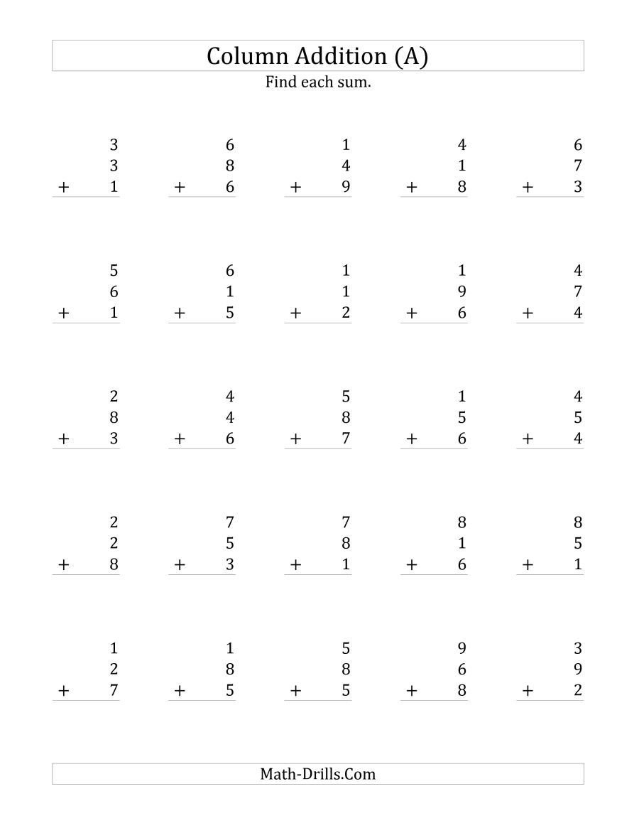 Adding Three Onedigit Numbers A Inside Adding Three Numbers Worksheet