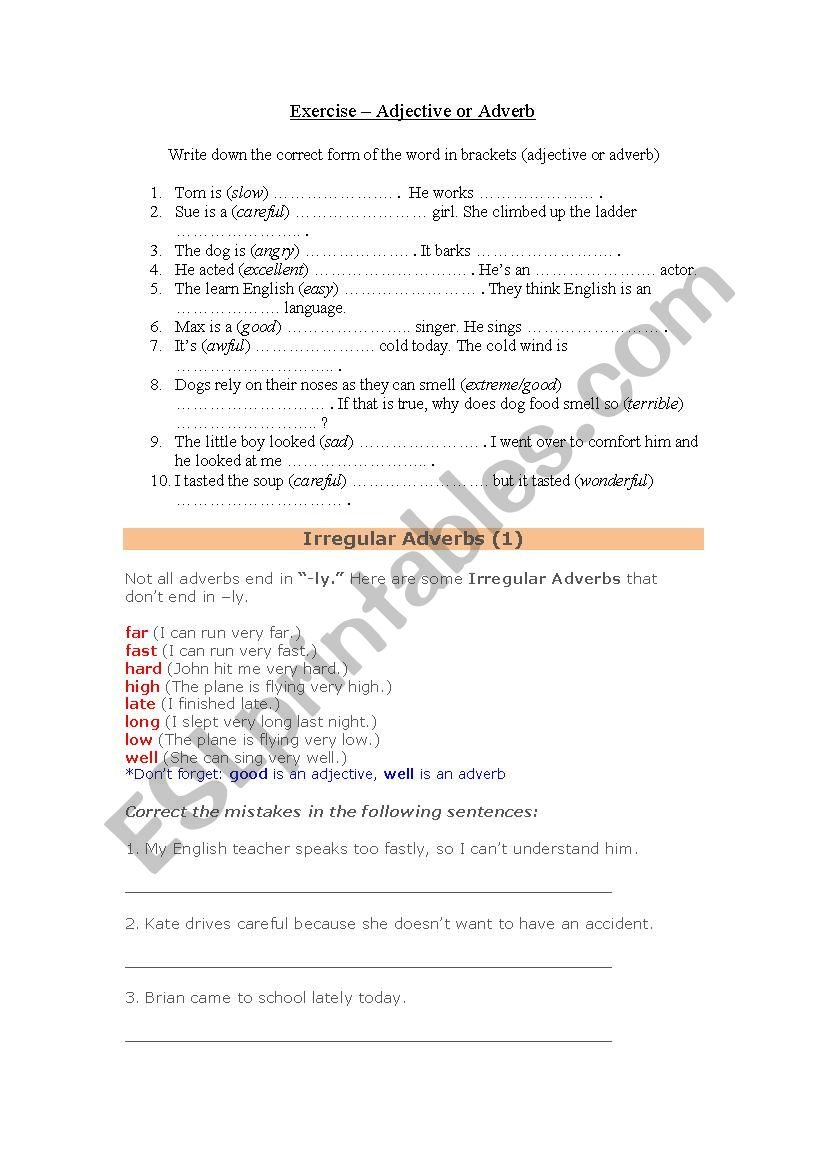 Adjective Or Adverb  Comparison Of Adverbs  Esl Worksheetifsot Along With Comparison Of Adverbs Worksheet
