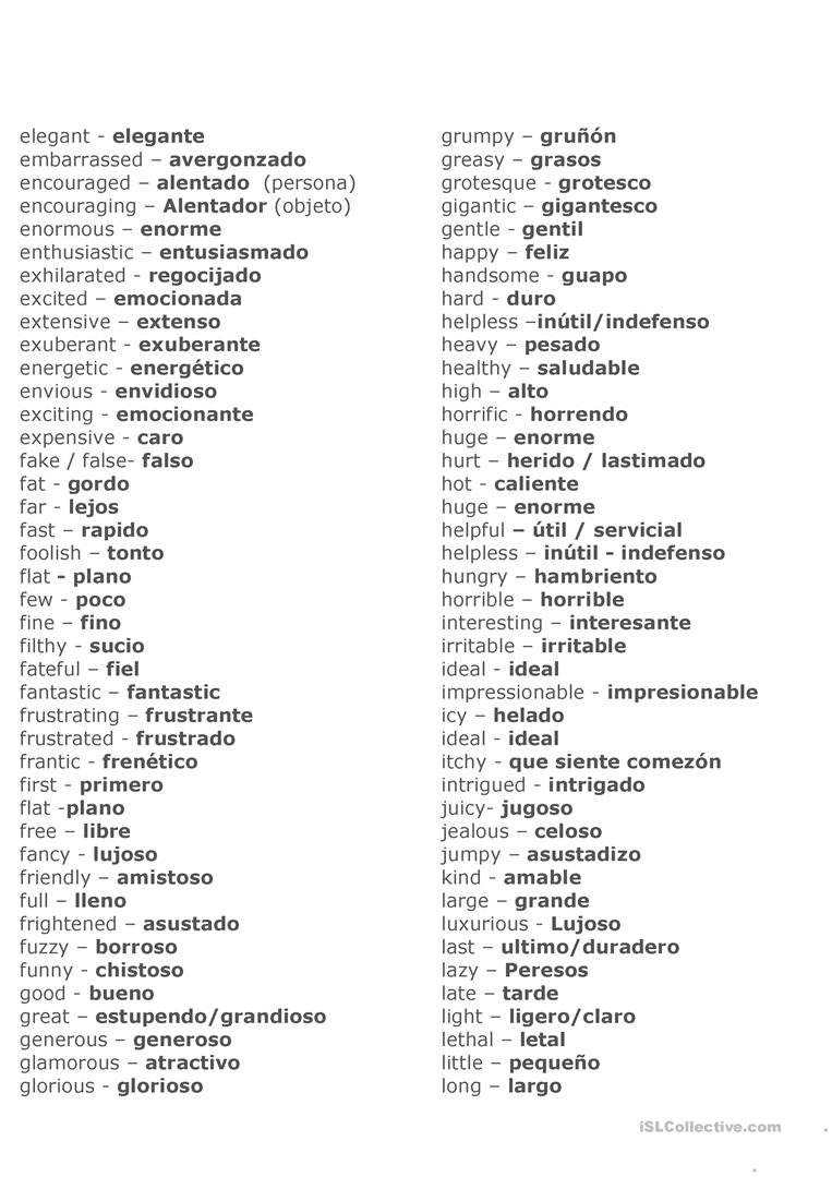 Adjectives In English And In Spanish Worksheet  Free Esl Printable With Spanish Adjectives Worksheet