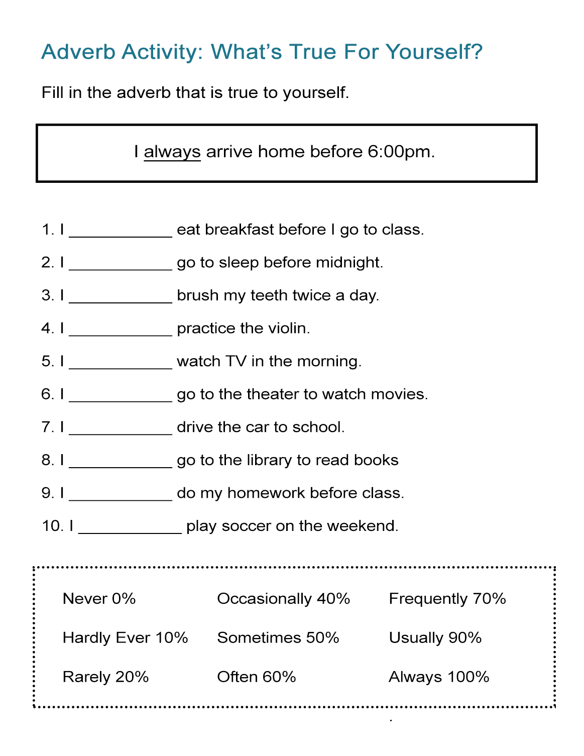 Adverb Activity What's True For Yourself  All Esl As Well As Adverb Practice Worksheets