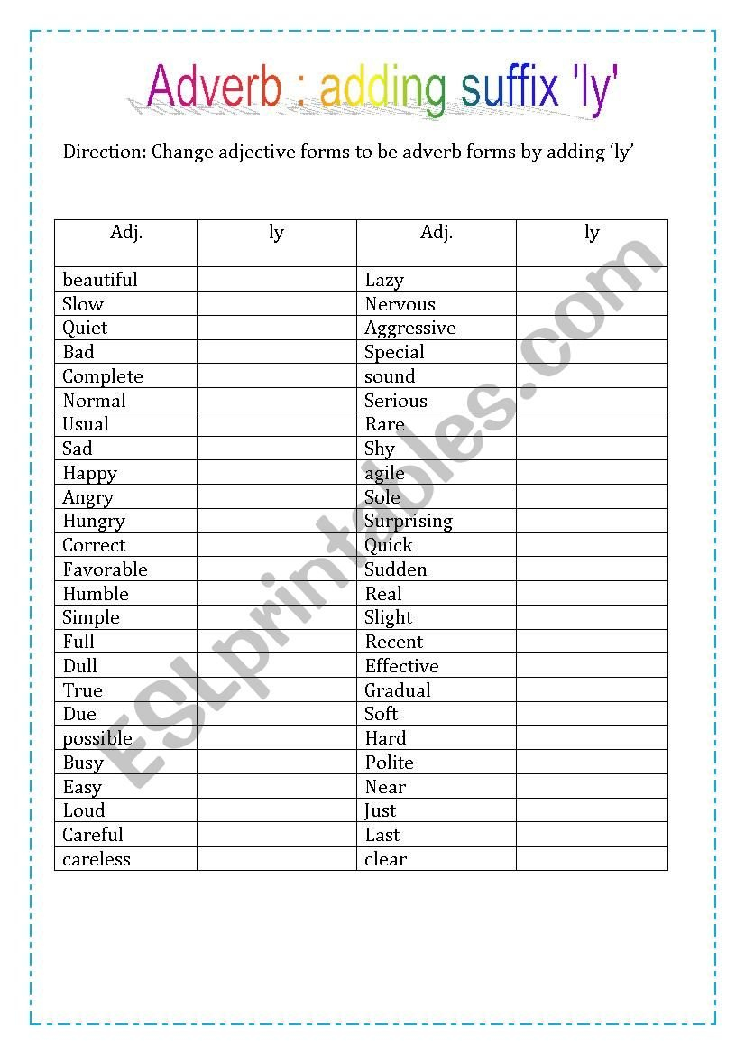 Adverb Adding Suffix Ly  Esl Worksheetnutcharat With Suffix Ly Worksheet Pdf