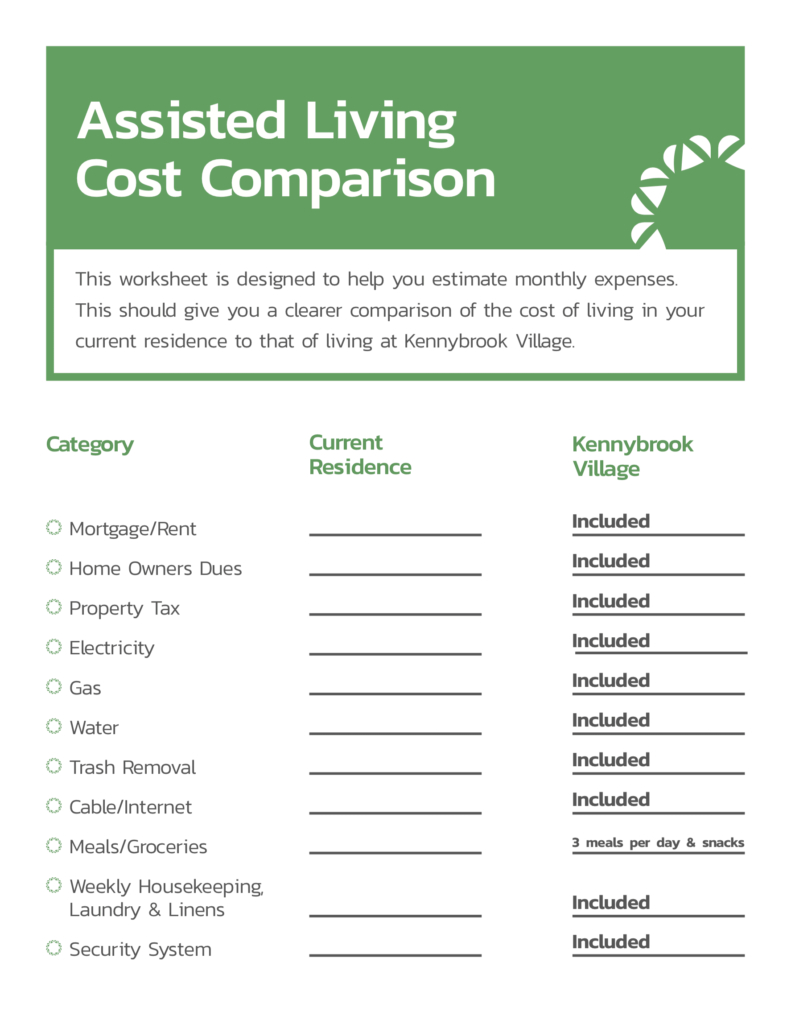 Al Cost Comparison  Kennybrook Village For Assisted Living Cost Comparison Worksheet