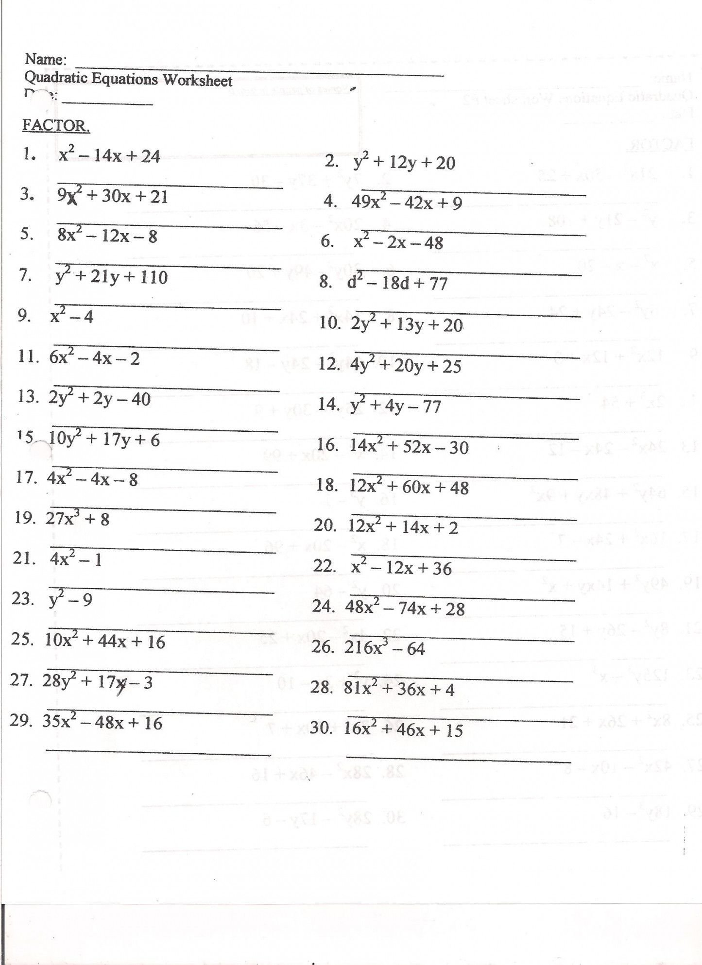Algebra 1 Assignment Factor Each Completely Worksheet  Briefencounters With Regard To Factor Each Completely Worksheet Answers