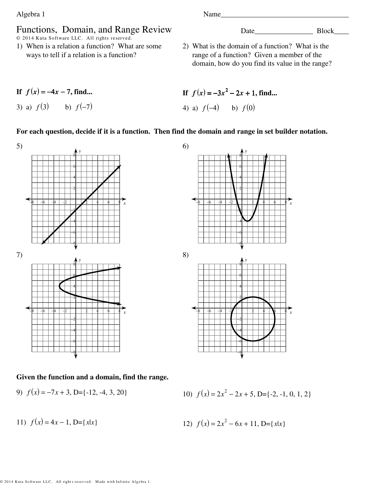 Algebra 1 Functions Domain And Range Review For Domain And Range Worksheet Algebra 1