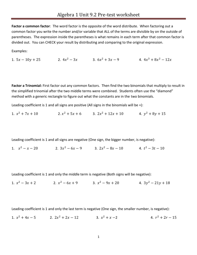 Algebra 1 Unit 92 Pre And Algebra 1 Factoring Worksheet