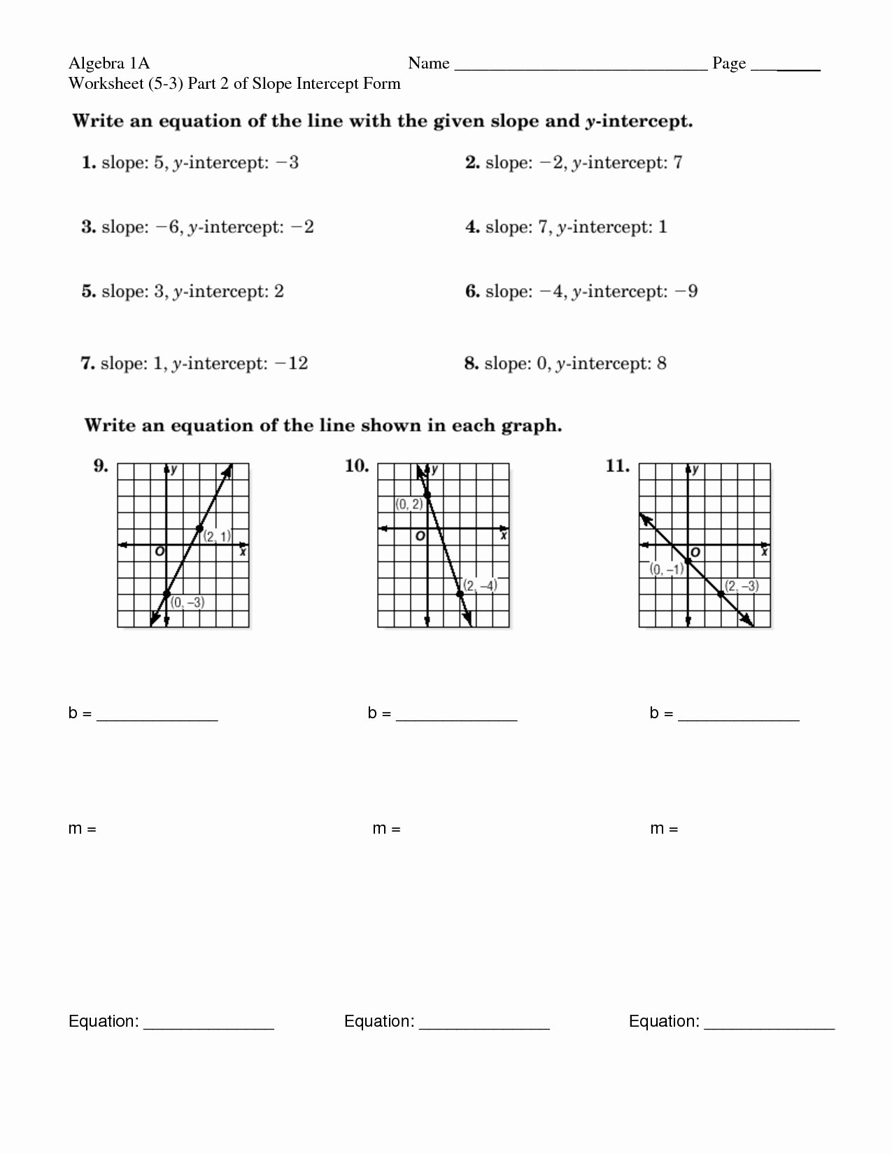 Algebra 1 Worksheets Slope Intercept Form  Justswimfl With Slope Intercept Form Worksheet With Answers