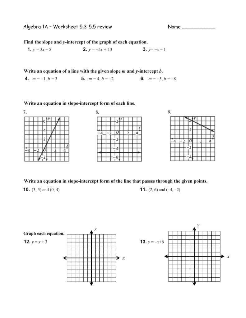 Algebra 1A – Worksheet 5 For Algebra 1 Slope Intercept Form Worksheet 1