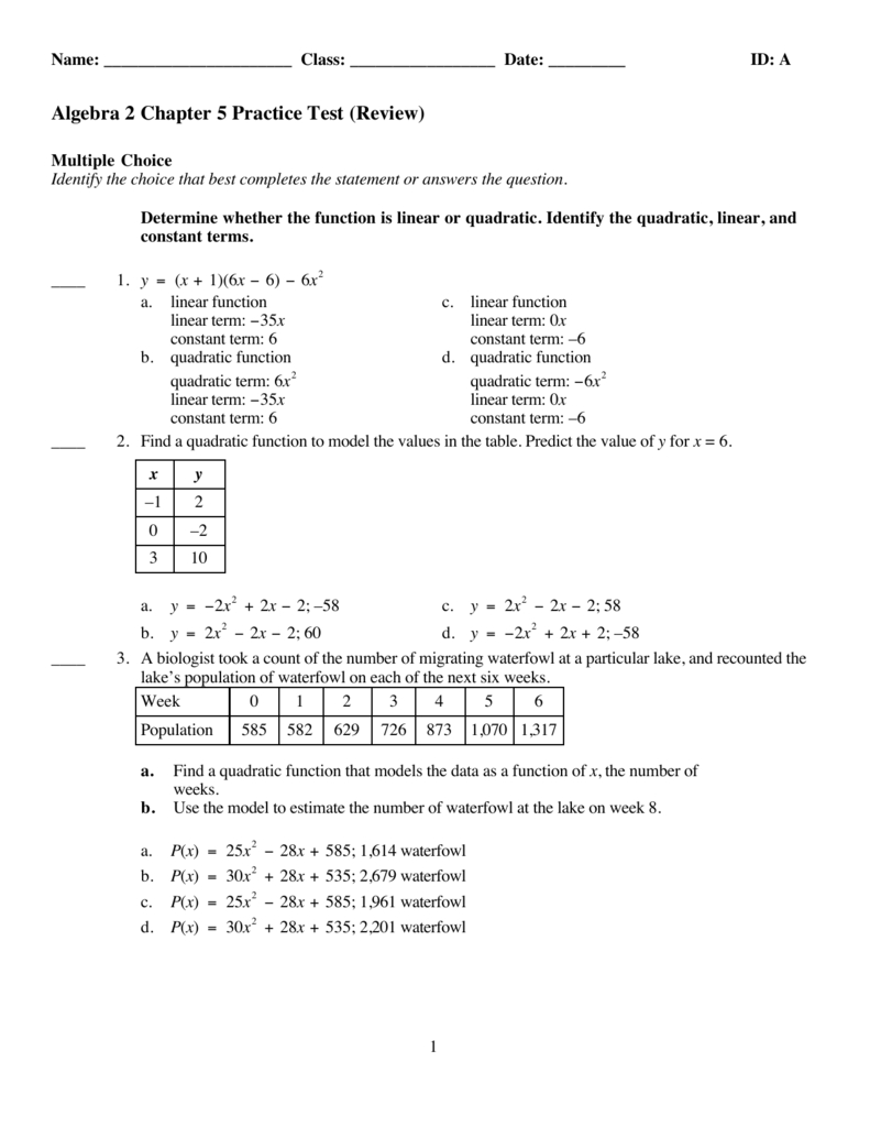 Algebra 2 Chapter 5 Practice Test Review Throughout Algebra 3 4 Complex Numbers Worksheet Answers