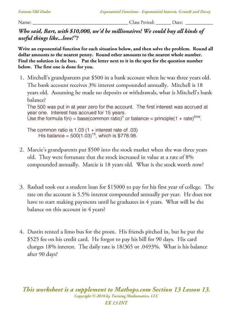 Algebra 2 Exponential Growth And Decay Math Exponential Functions In Growth And Decay Worksheet