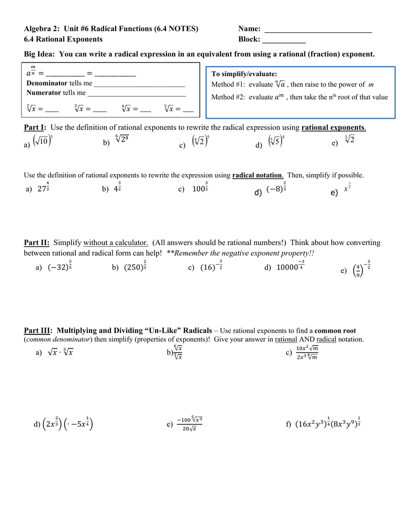 Algebra 2 Unit 6 Radical Functions 64 Notes Name 64 Intended For Radicals And Rational Exponents Worksheet Answers
