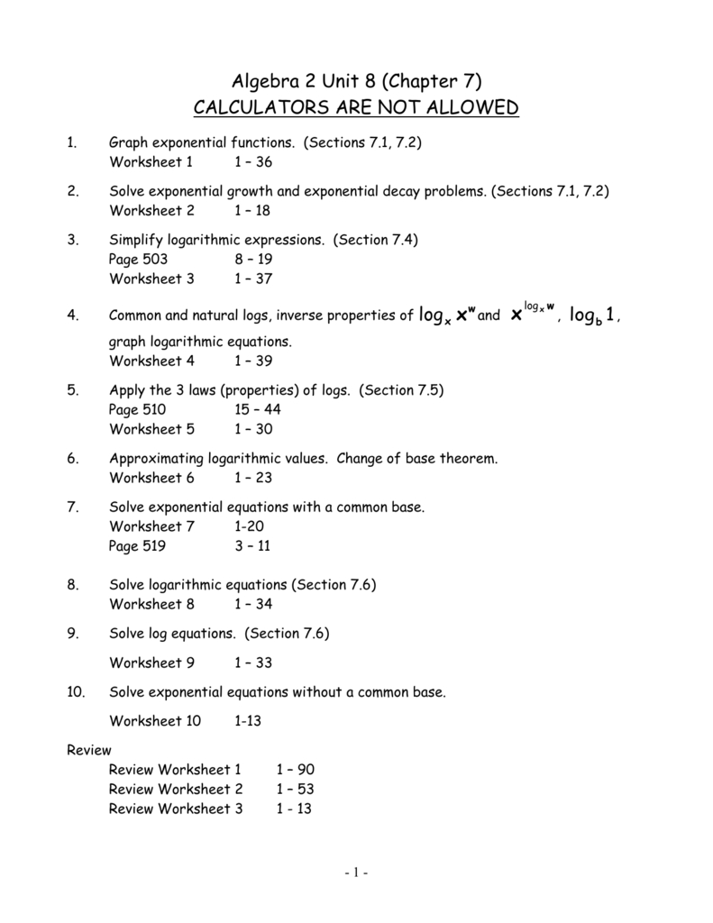 Algebra 2 Unit 8 Chapter 7 Intended For Solving Logarithmic Equations Worksheet