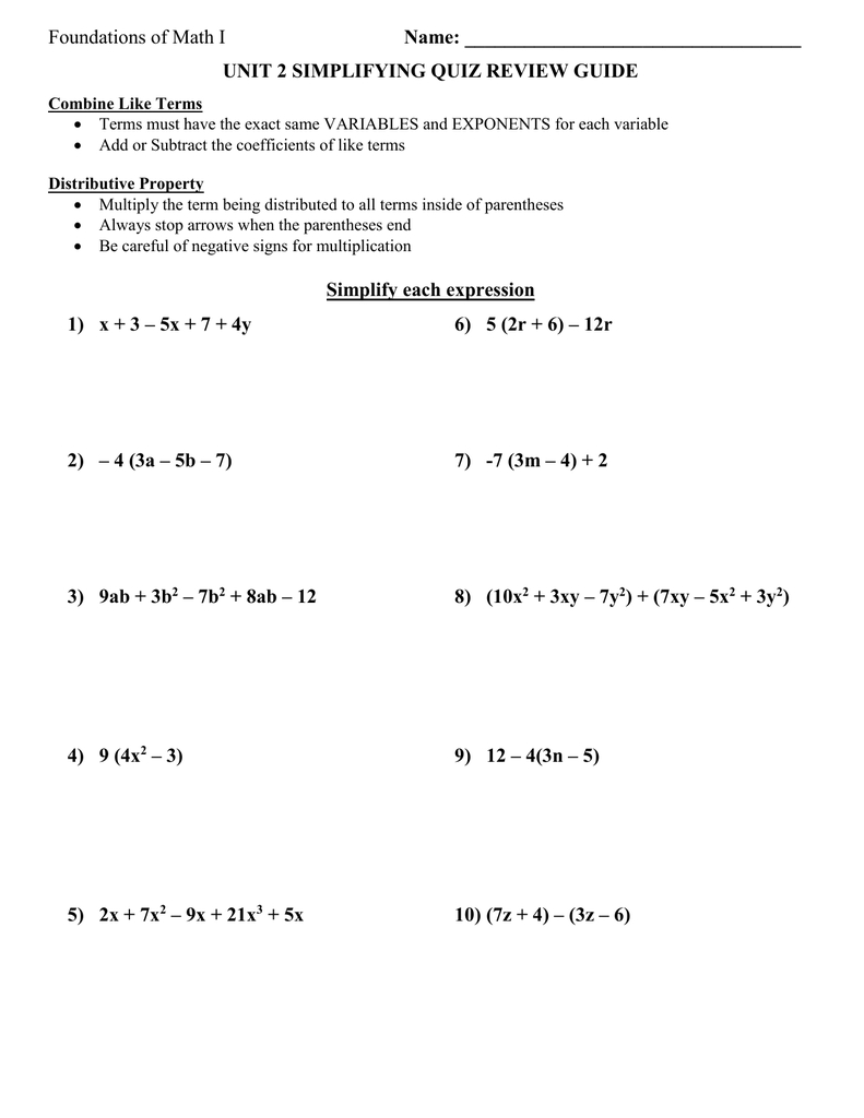 Algebra I Distributive Property Worksheet With Distributive Property Combining Like Terms Worksheet