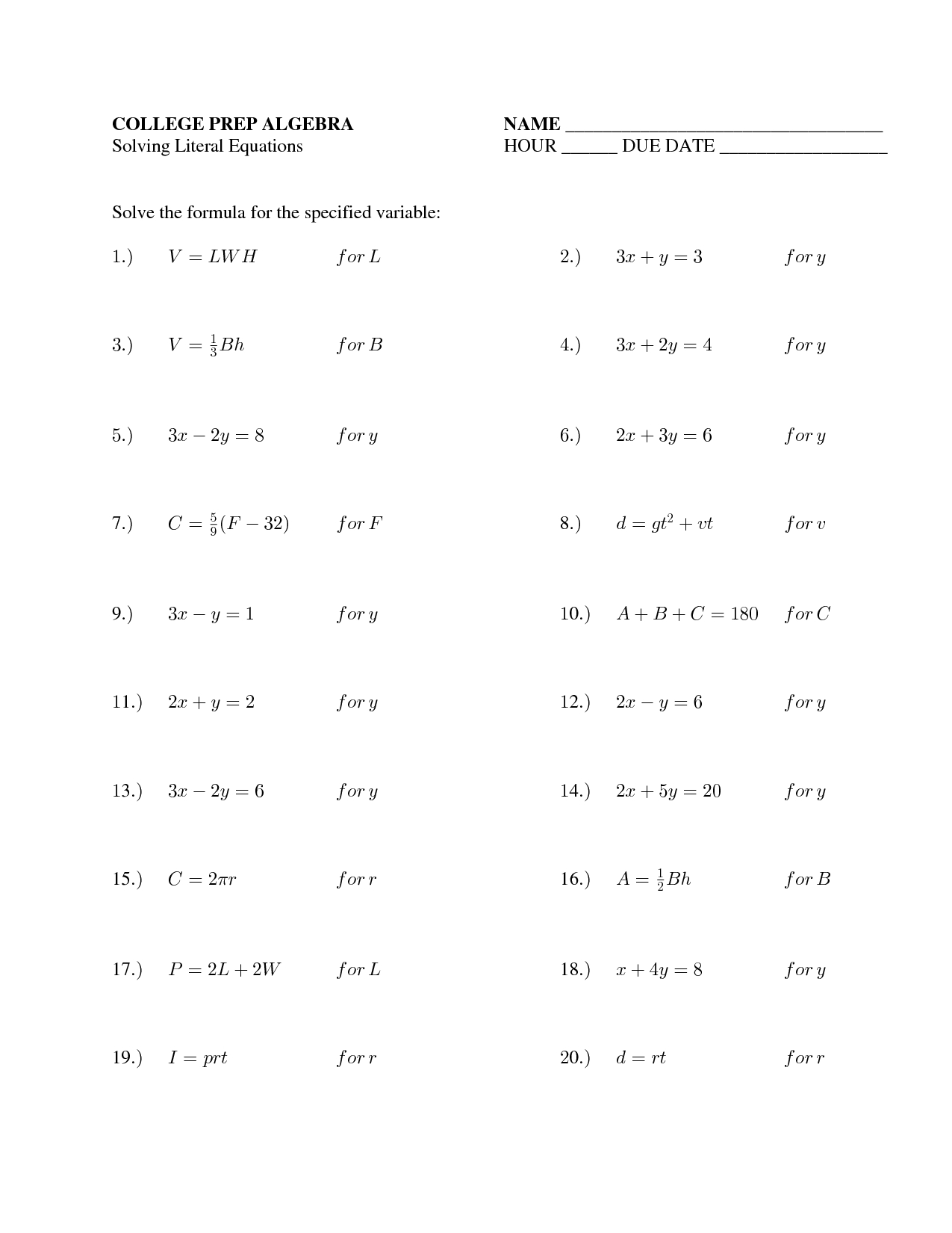 Algebra I  Mr G Also Literal Equations Worksheet 1 Answer Key