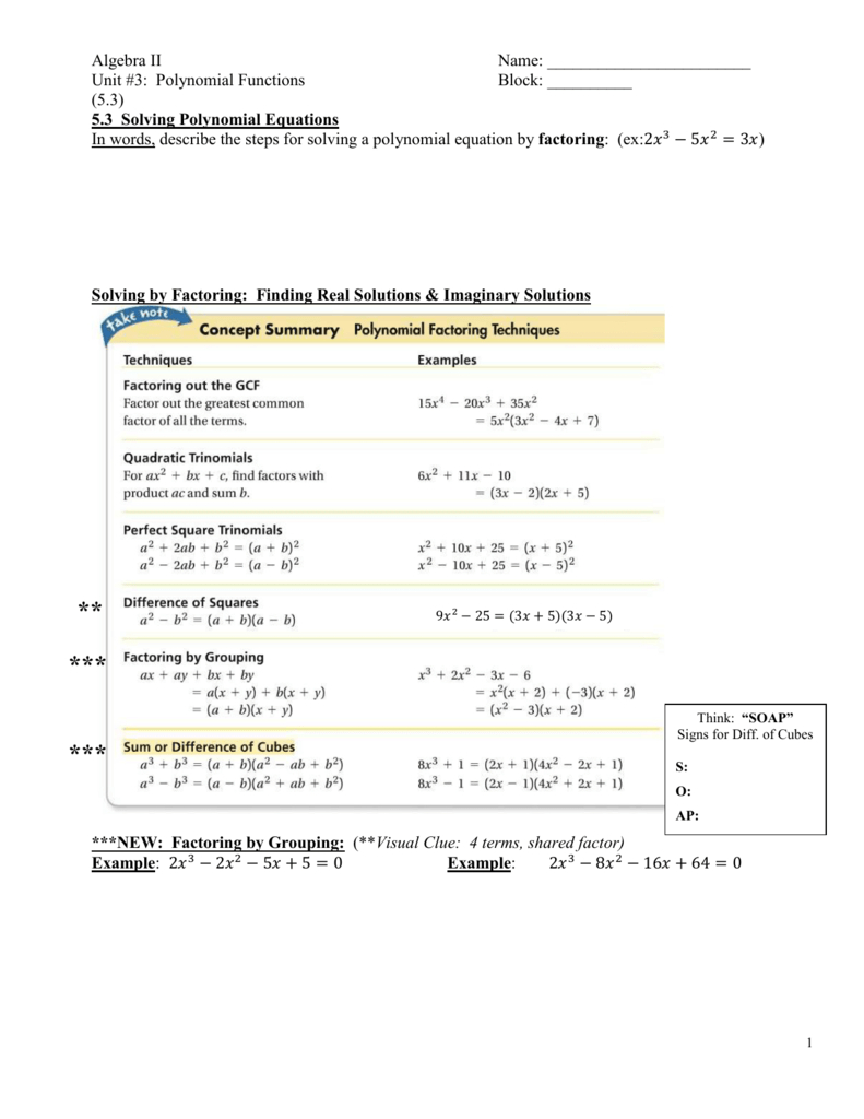 Algebra Ii Name Unit 3 Polynomial Functions Block  53 Regarding Solving Polynomial Equations By Factoring Worksheet With Answers