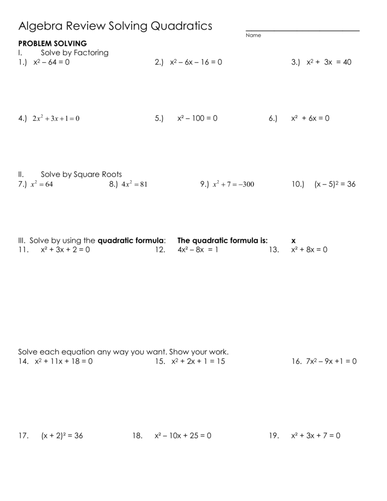 Algebra Review Worksheet On Quadratics Along With Quadratics Review Worksheet