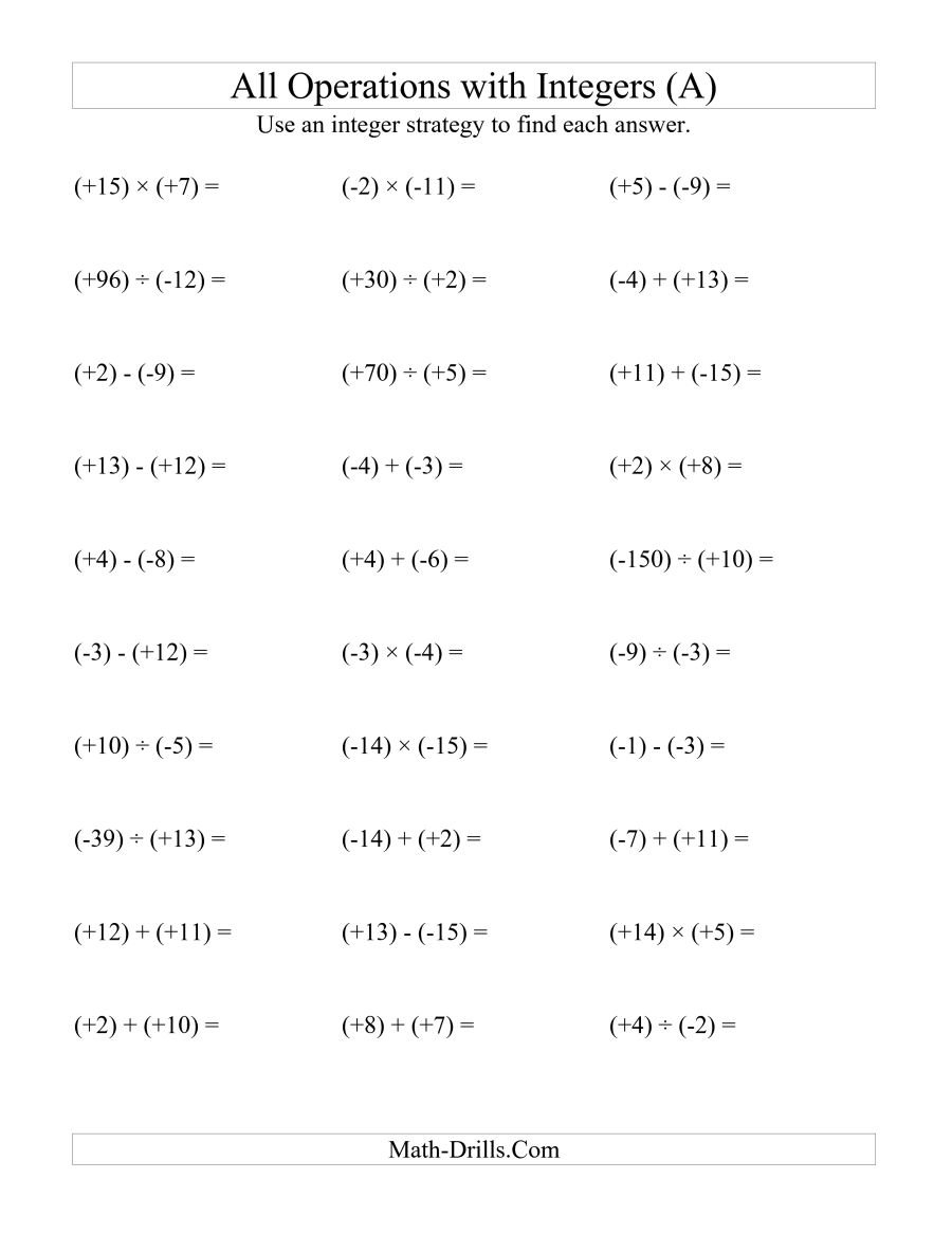 All Operations With Integers Range 15 To 15 With All Integers In Or Integers Worksheets With Answers
