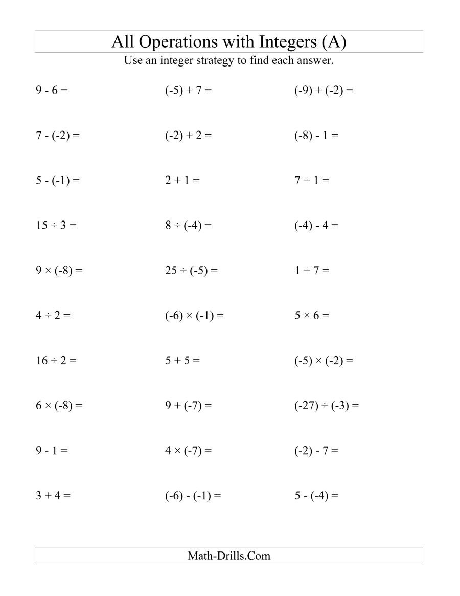 All Operations With Integers Range 9 To 9 With Negative Integers Pertaining To Integers Worksheet Pdf