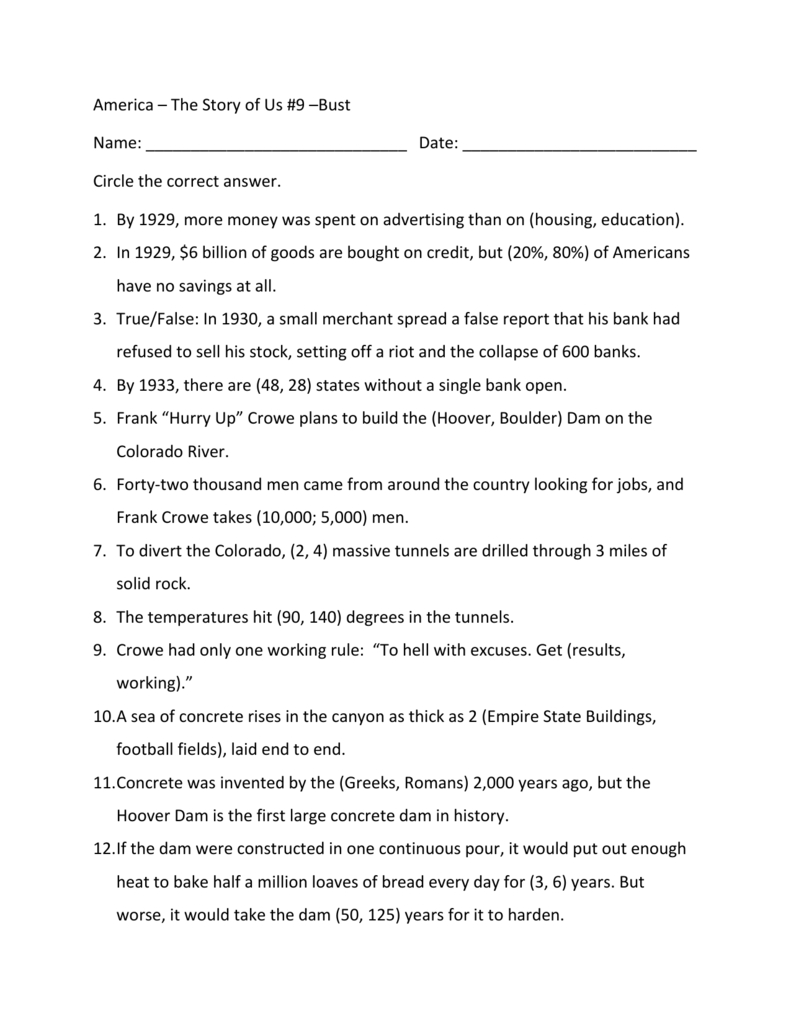 America – The Story Of Us 9 –Bust Name Date Circle The Correct And America The Story Of Us Bust Worksheet Answer Key